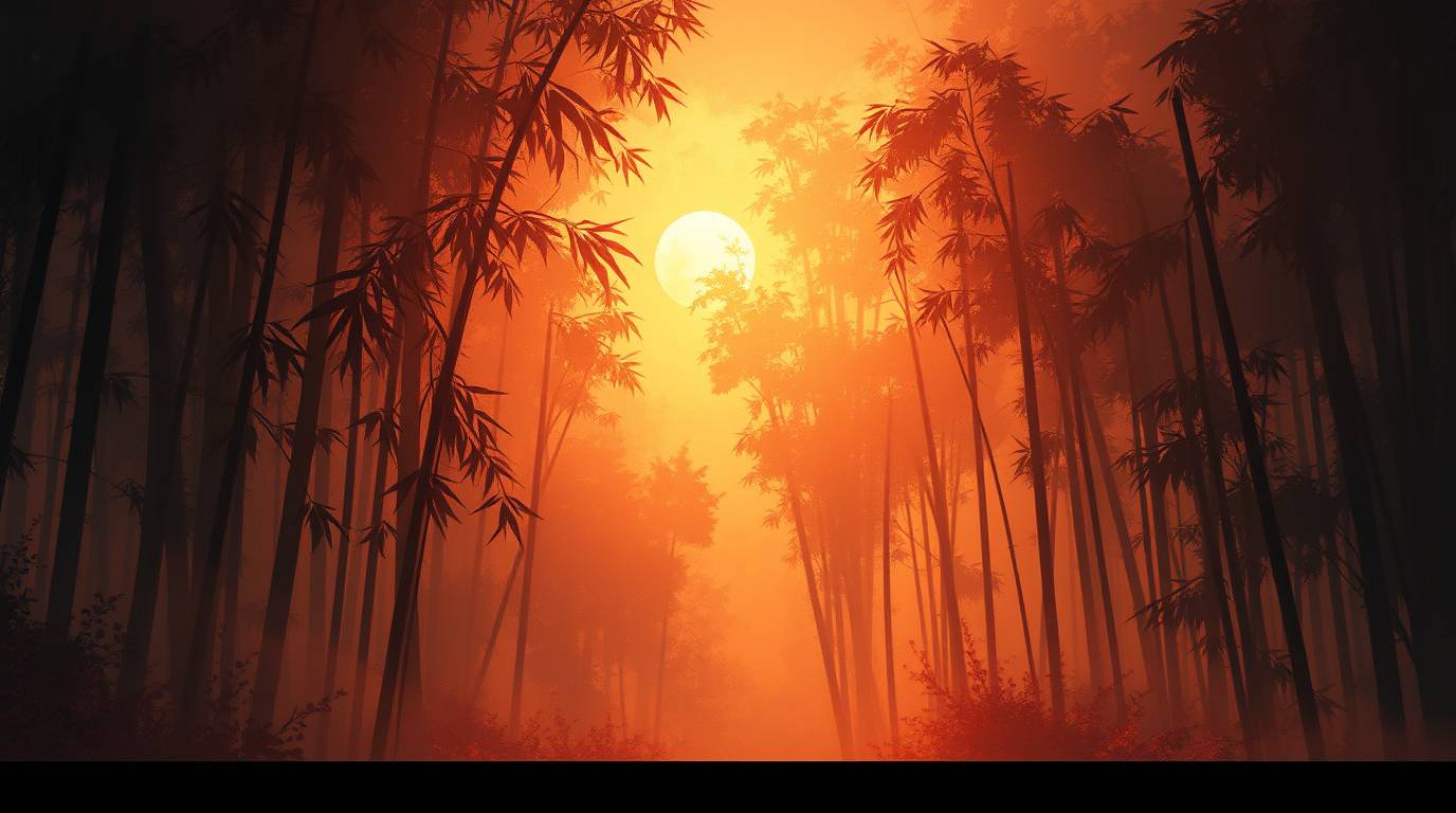 Experience a breathtaking digital painting of a bamboo forest immersed in the golden glow of a warm sunset.  Rendered in a dr
