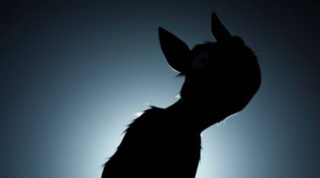 This captivating image showcases a low-angle perspective silhouette of a sarcastic animal sidekick, brought to life with expr