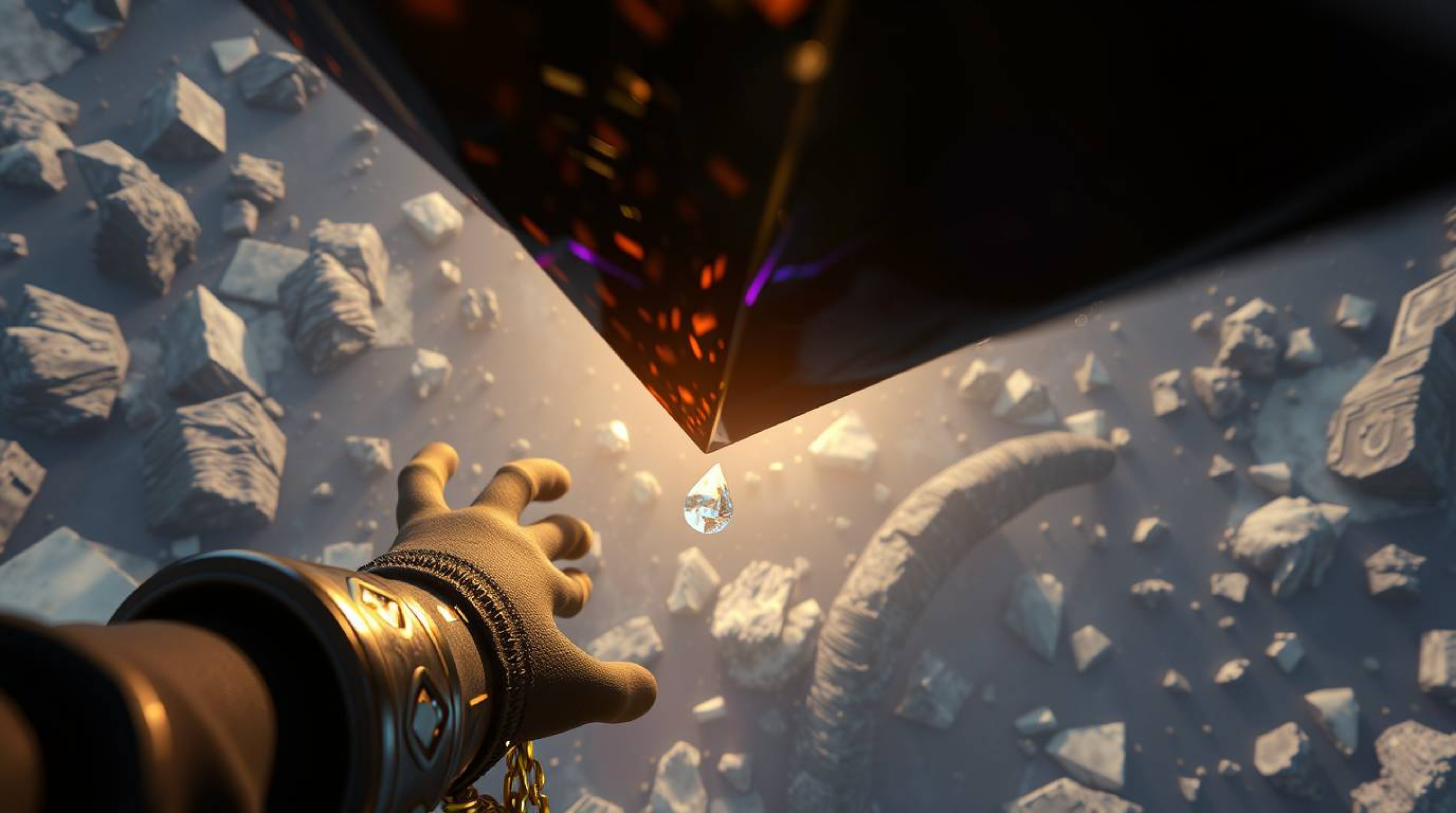 A high-angle perspective shot featuring an anvil poised to drop on a trickster character. The image showcases iridescent refl