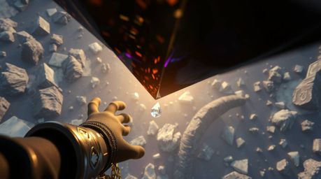 A high-angle perspective shot featuring an anvil poised to drop on a trickster character. The image showcases iridescent refl