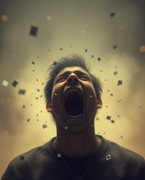 A captivating visual depicting a person screaming as their reality dissolves into a pixelated world, enveloped in a soft cine