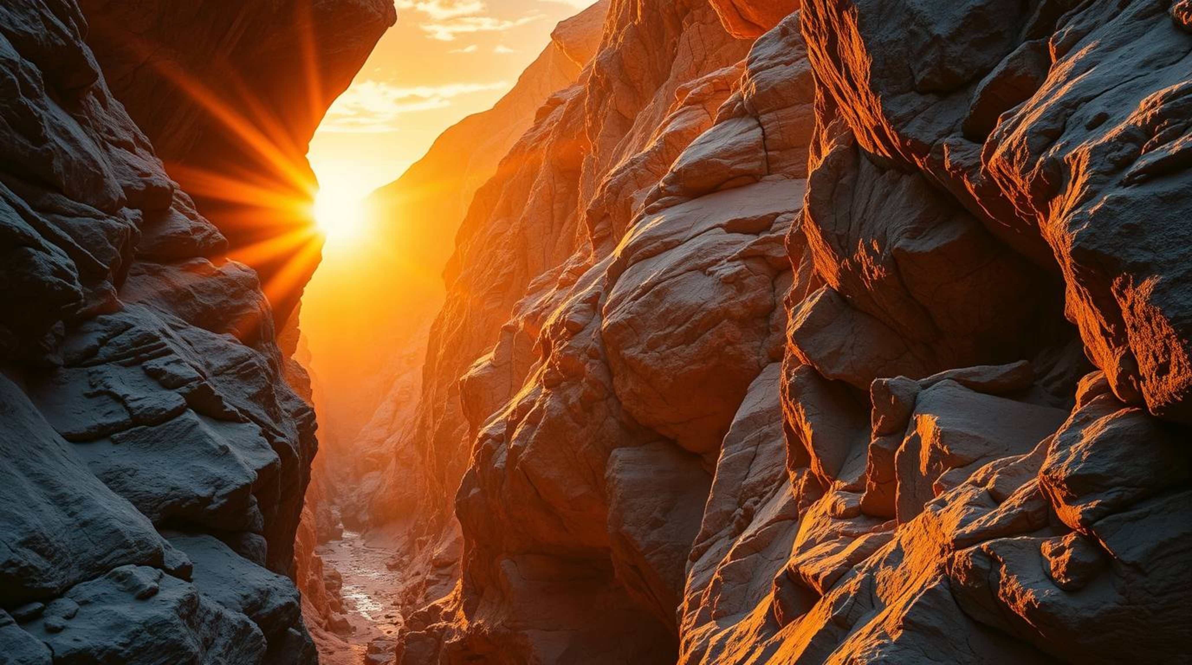 Experience the breathtaking beauty of a rocky canyon bathed in warm golden sunset hues. Radiant light illuminates the rugged 