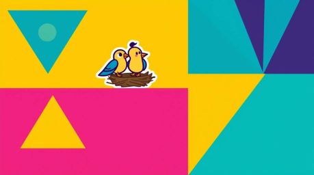 This design features two cartoon birds building a nest in a classic animation style, characterized by vibrant complementary c