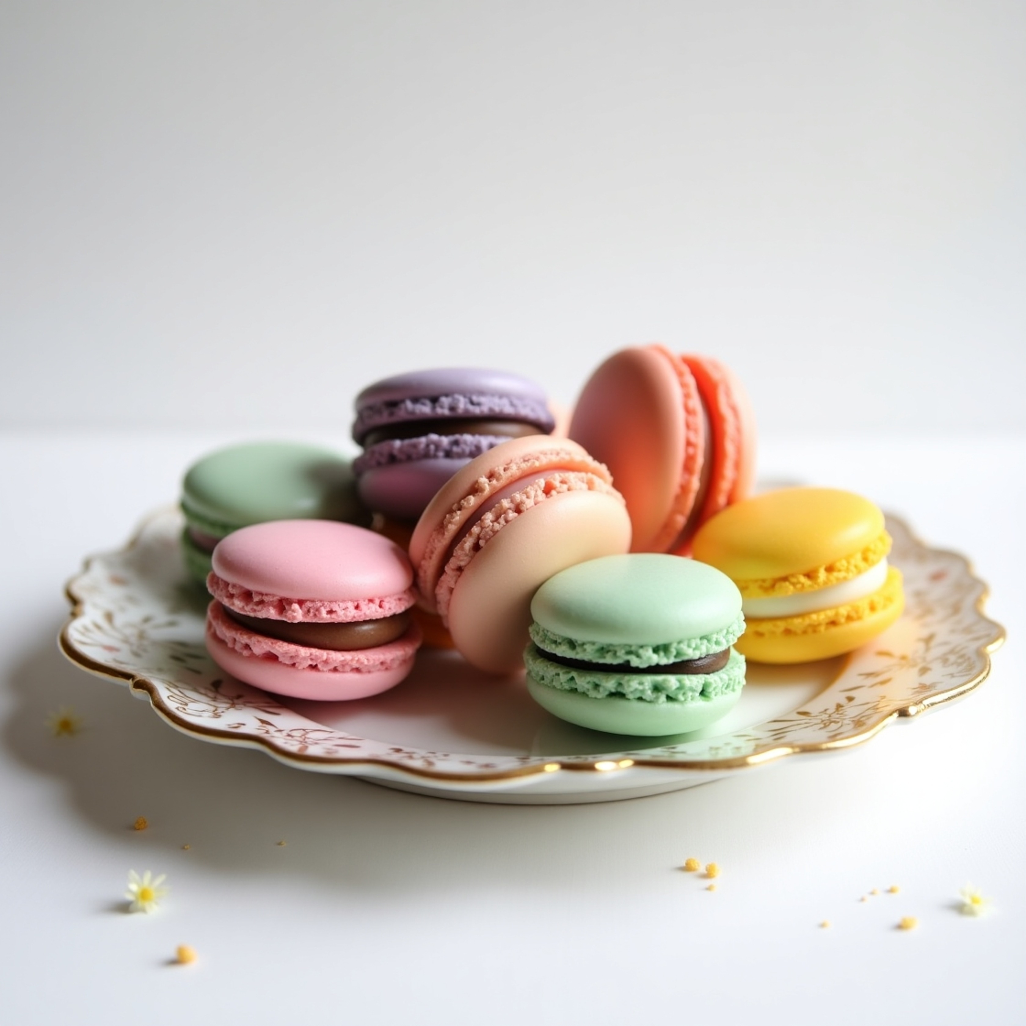 A stunning still life photograph showcasing a collection of colorful macarons arranged on an ornate fine china plate. The ima
