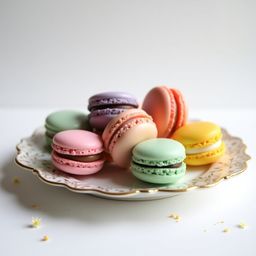 A stunning still life photograph showcasing a collection of colorful macarons arranged on an ornate fine china plate. The ima