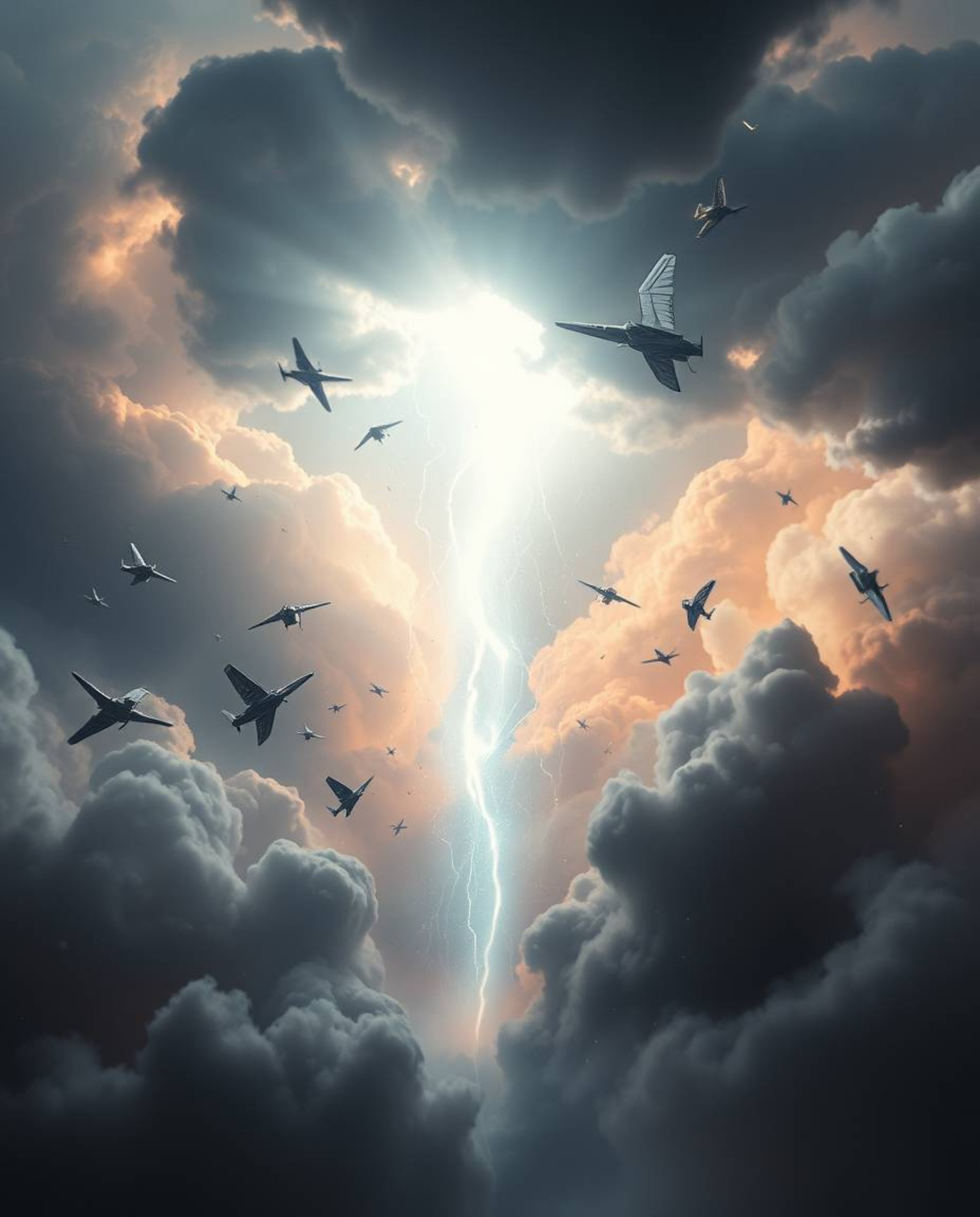 Explore a futuristic sci-fi realm where intense dramatic weather clashes with ethereal spiritual vibes. Witness a surreal sto
