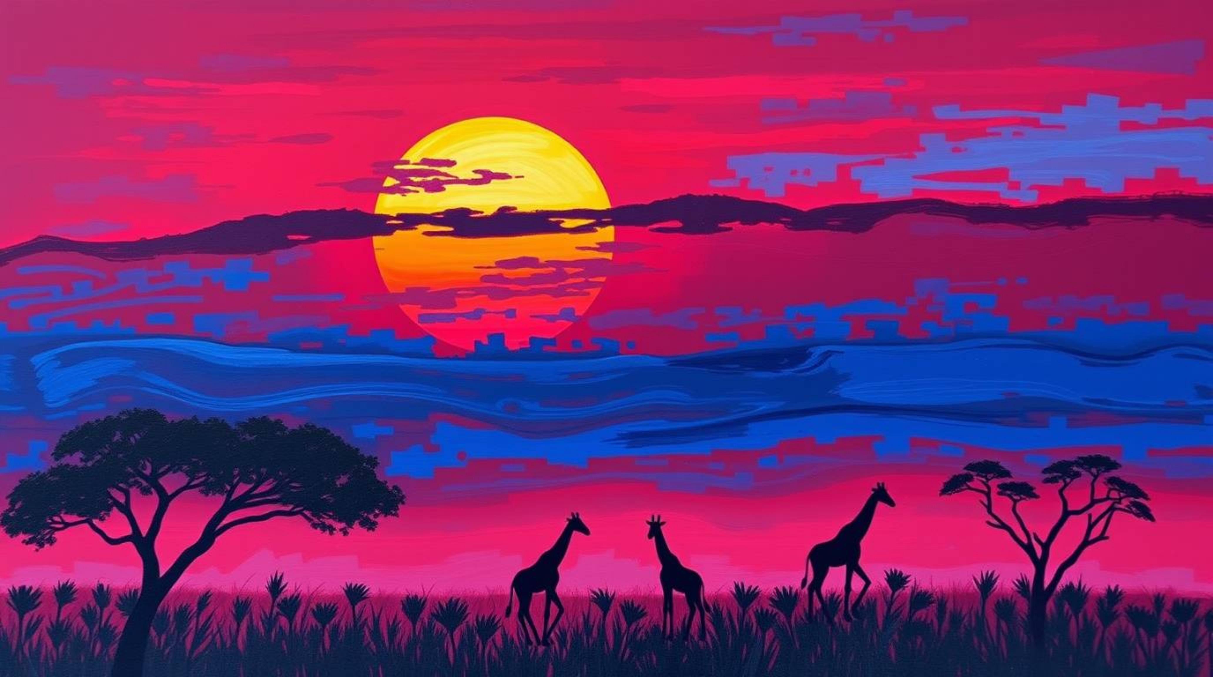 Experience the mesmerizing beauty of an African savanna sunset with this rich burgundy and deep blue acrylic painting. The ar