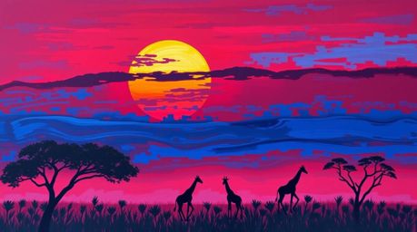 Experience the mesmerizing beauty of an African savanna sunset with this rich burgundy and deep blue acrylic painting. The ar