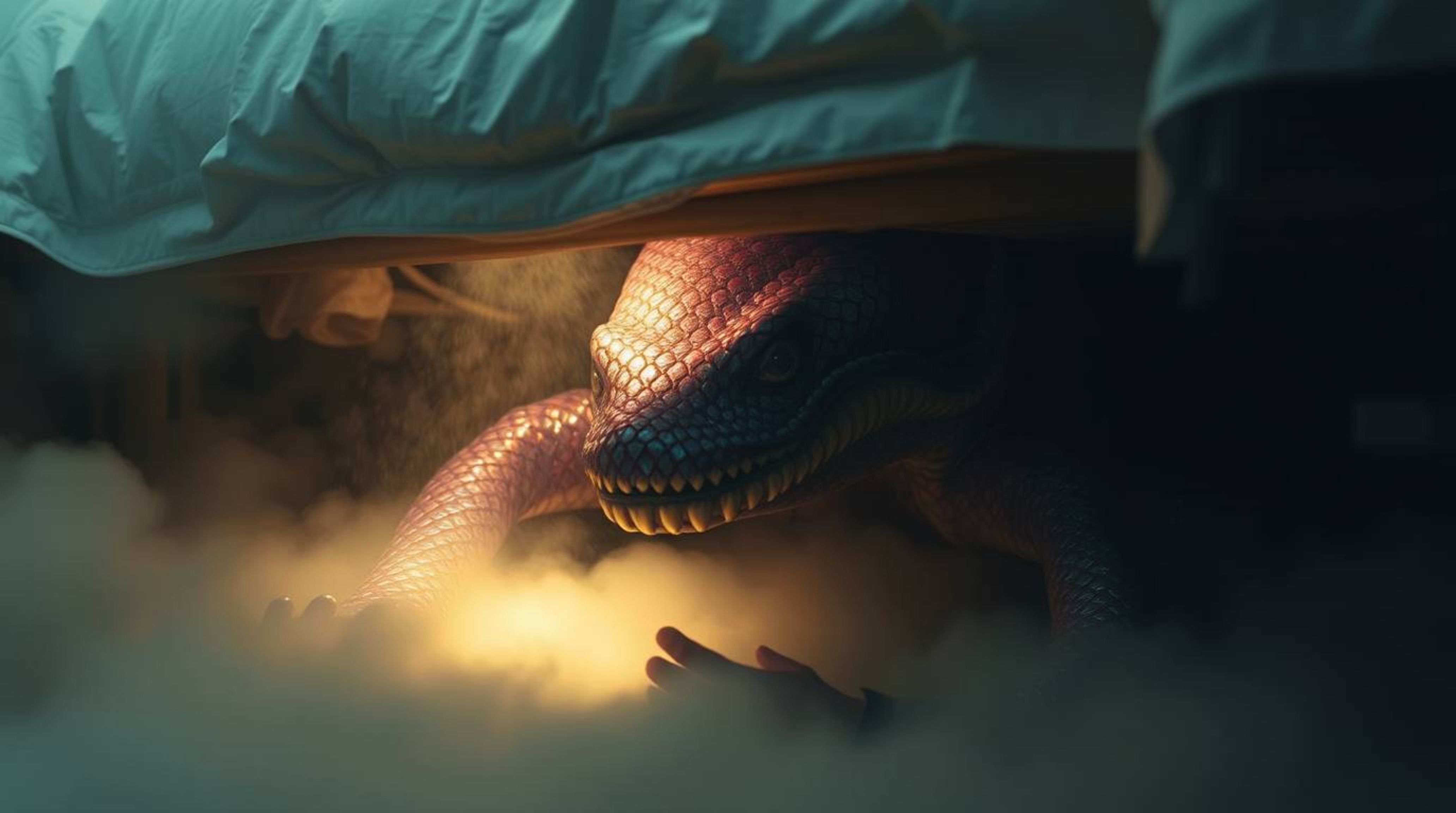 A heartwarming tale of an unlikely friendship between a child and a fantastical iridescent monster hiding under the bed.  Set