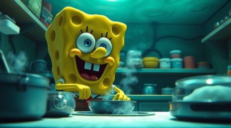 A quirky animation featuring a sponge character with defined features, expertly cooking in an underwater kitchen.  The scene 