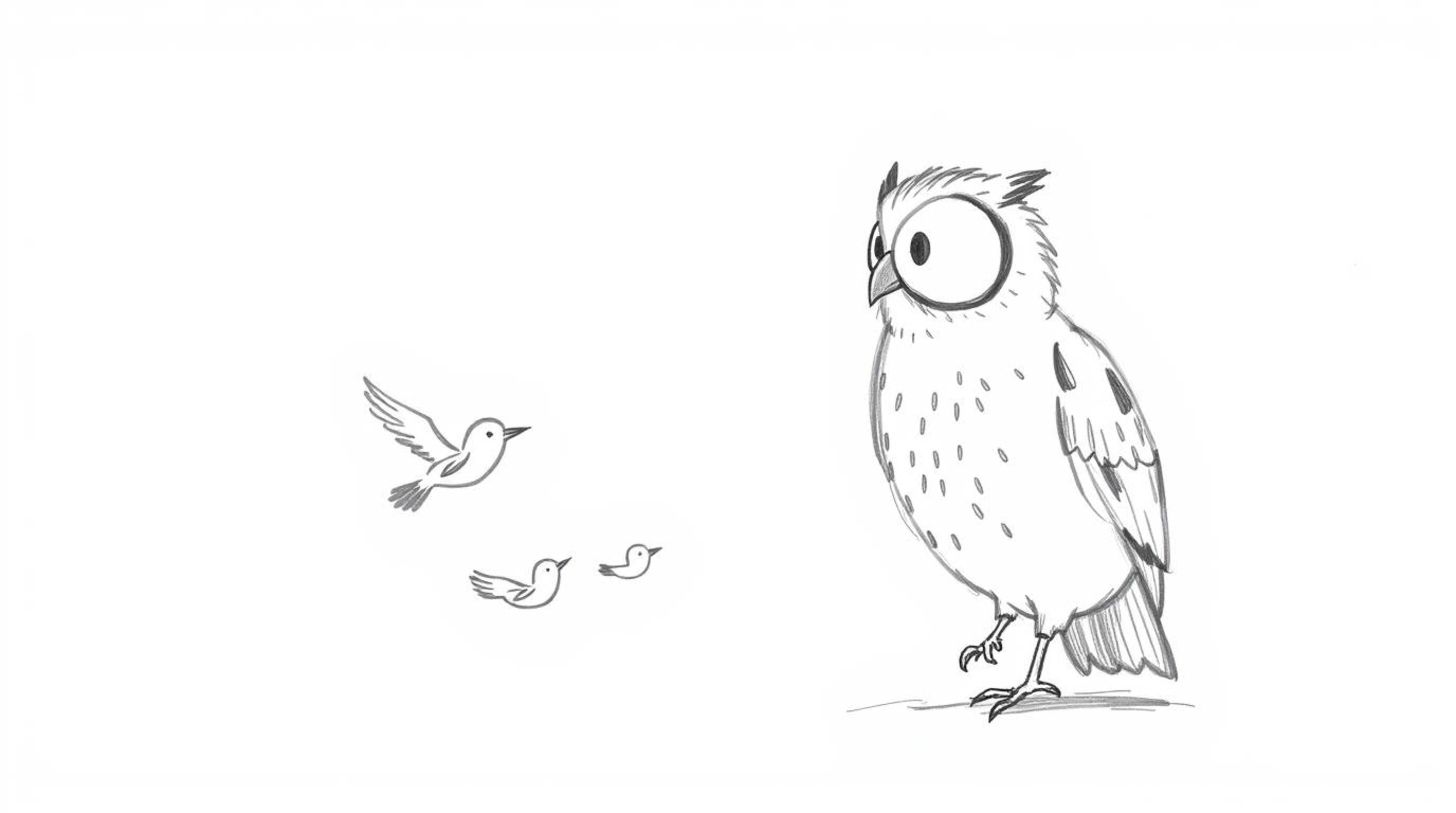 A charming, hand-drawn illustration in Pixar style depicts a blind owl passionately teaching a flock of small birds how to fl
