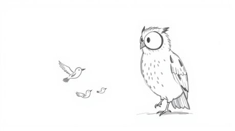 A charming, hand-drawn illustration in Pixar style depicts a blind owl passionately teaching a flock of small birds how to fl