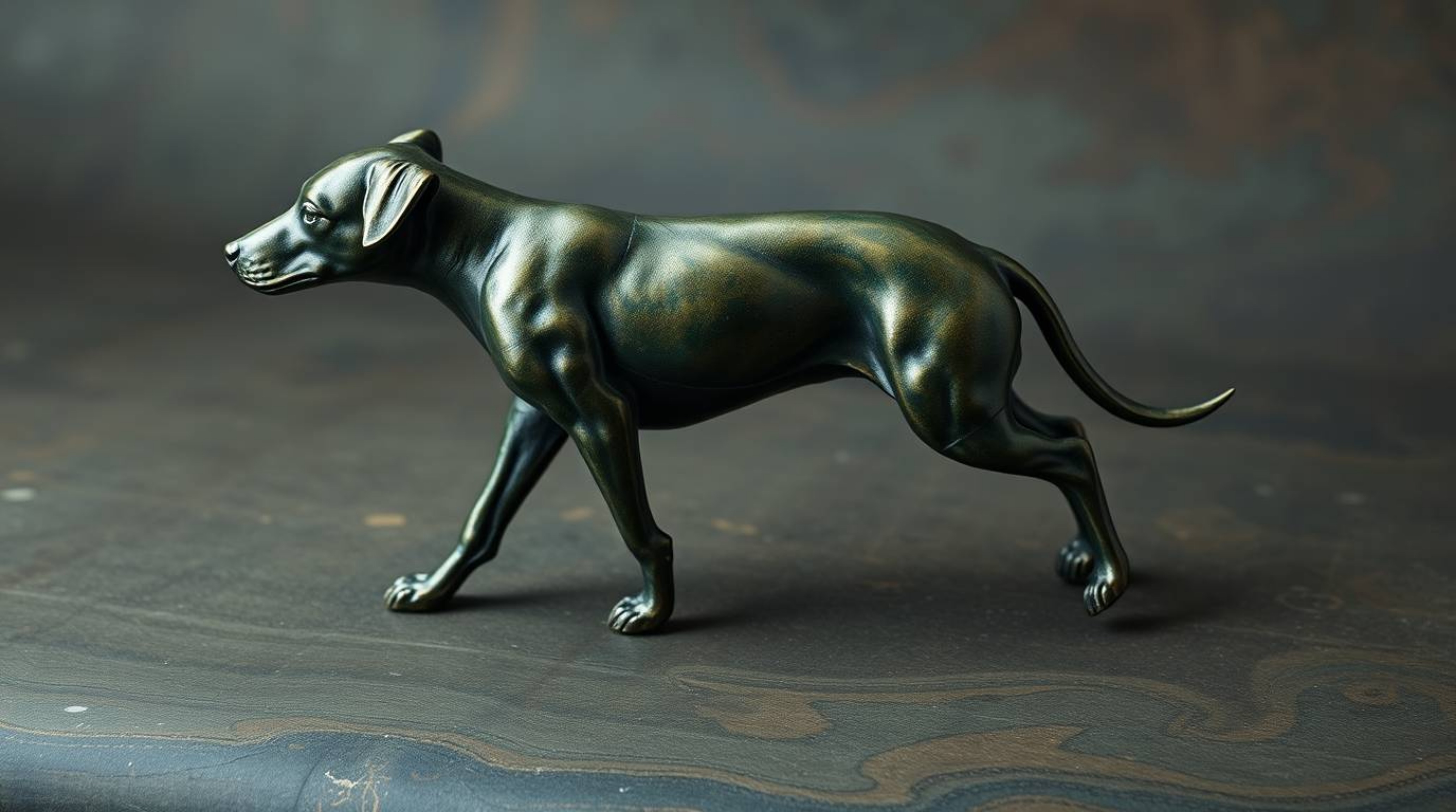 A captivating image of a cast bronze dog autonomously walking in space.  The sculpture boasts an antique patina finish, creat