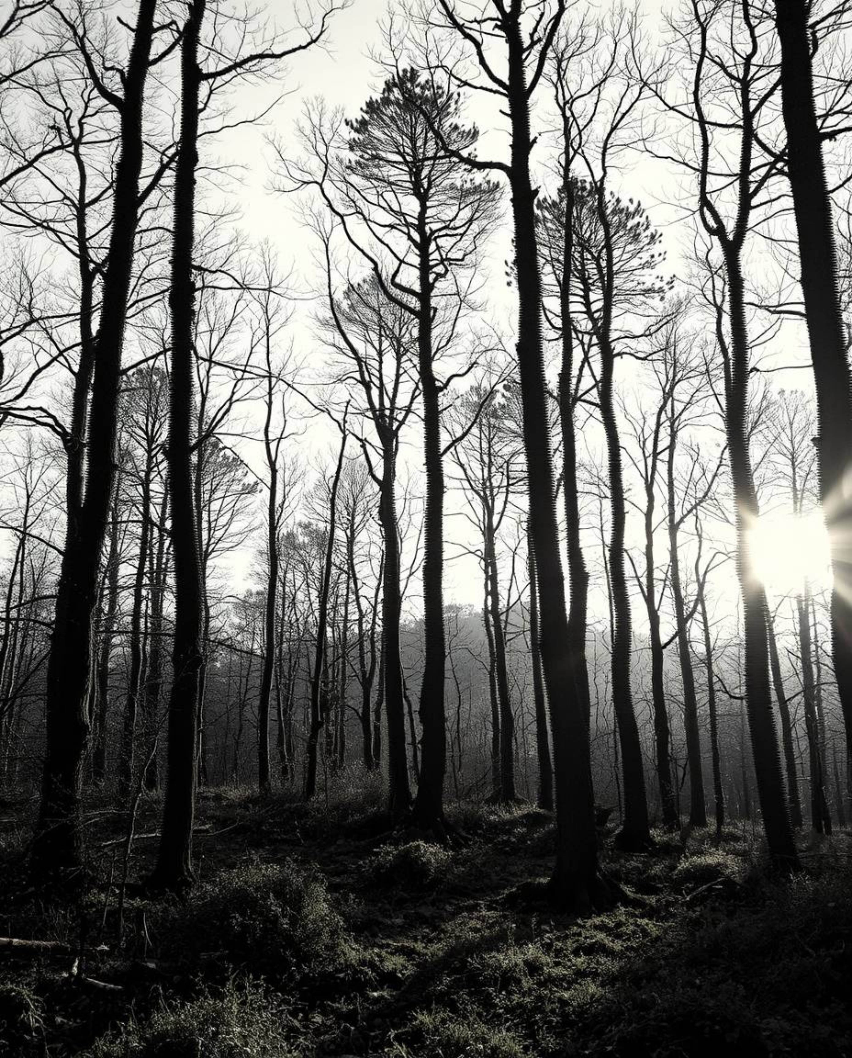 A captivating blend of classic black and white photography and digital glitch art transforms a serene forest scene into a sur