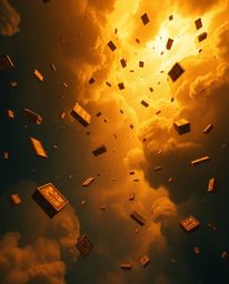 Experience a surreal storm where objects float against gravity, bathed in a warm, golden glow. This high-angle view captures 