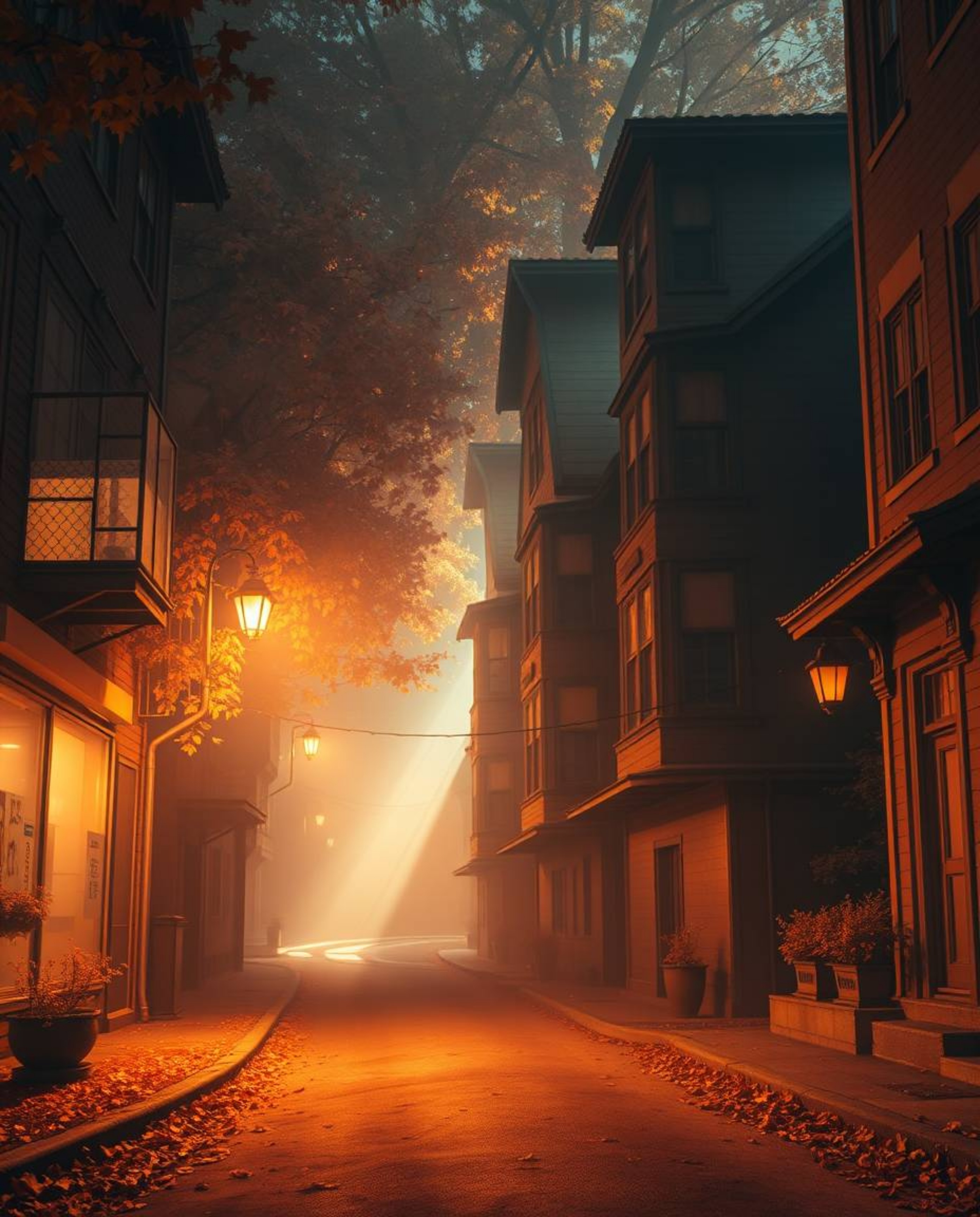 Experience a warm and inviting surreal street scene bathed in autumn colors, where buildings fold and twist in an otherworldl
