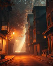 Experience a warm and inviting surreal street scene bathed in autumn colors, where buildings fold and twist in an otherworldl