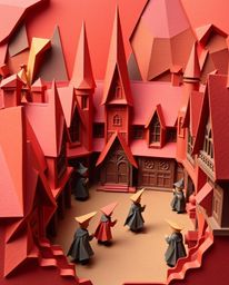 Immerse yourself in a magical school brought to life through intricate origami. This artwork showcases young wizards in a whi