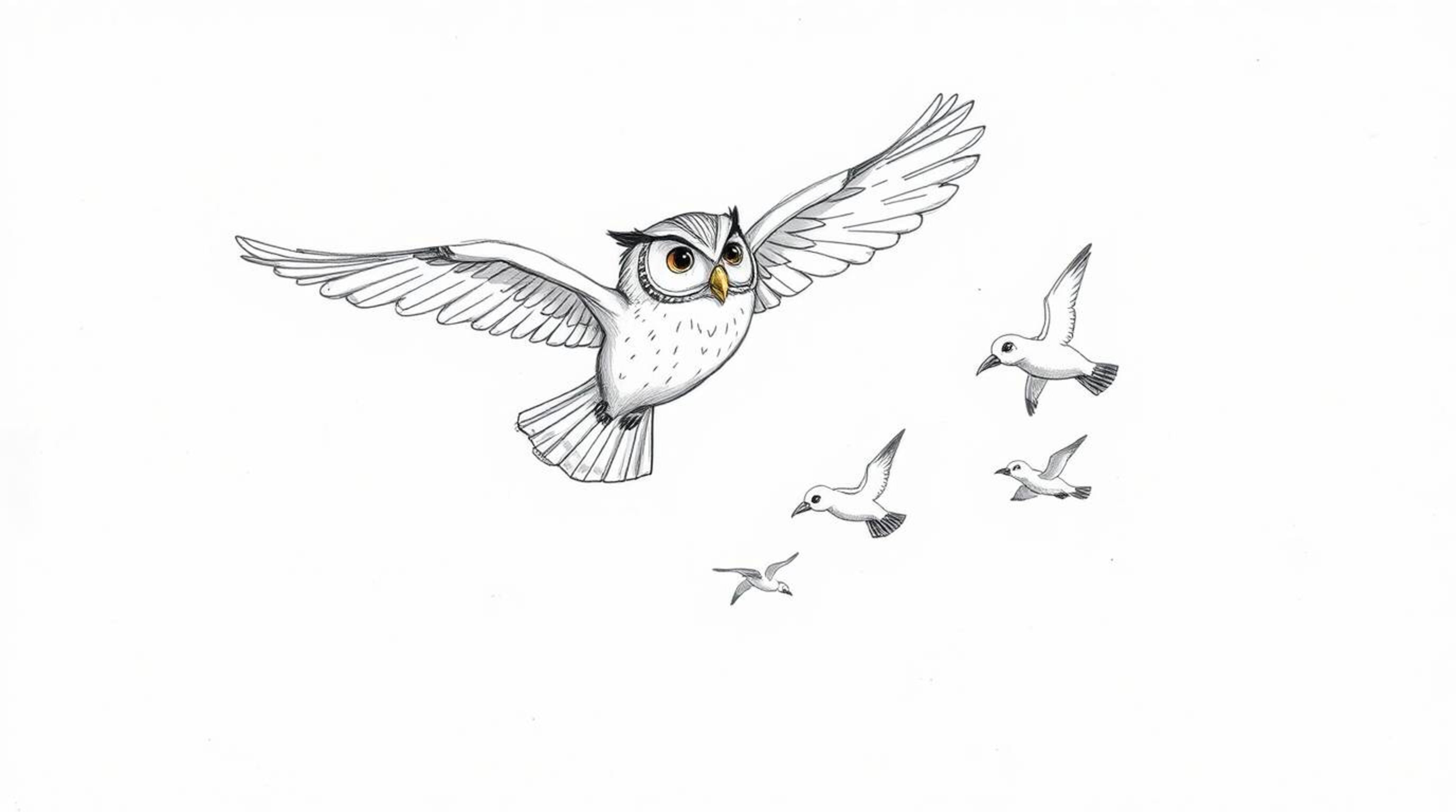 A charming hand-drawn sketch in the style of Pixar portrays a blind owl gracefully mid-flight, guiding several birds in the a