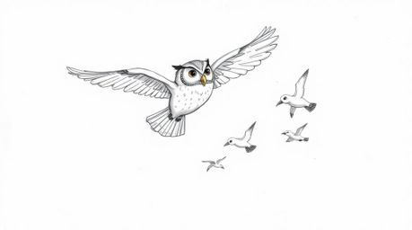 A charming hand-drawn sketch in the style of Pixar portrays a blind owl gracefully mid-flight, guiding several birds in the a