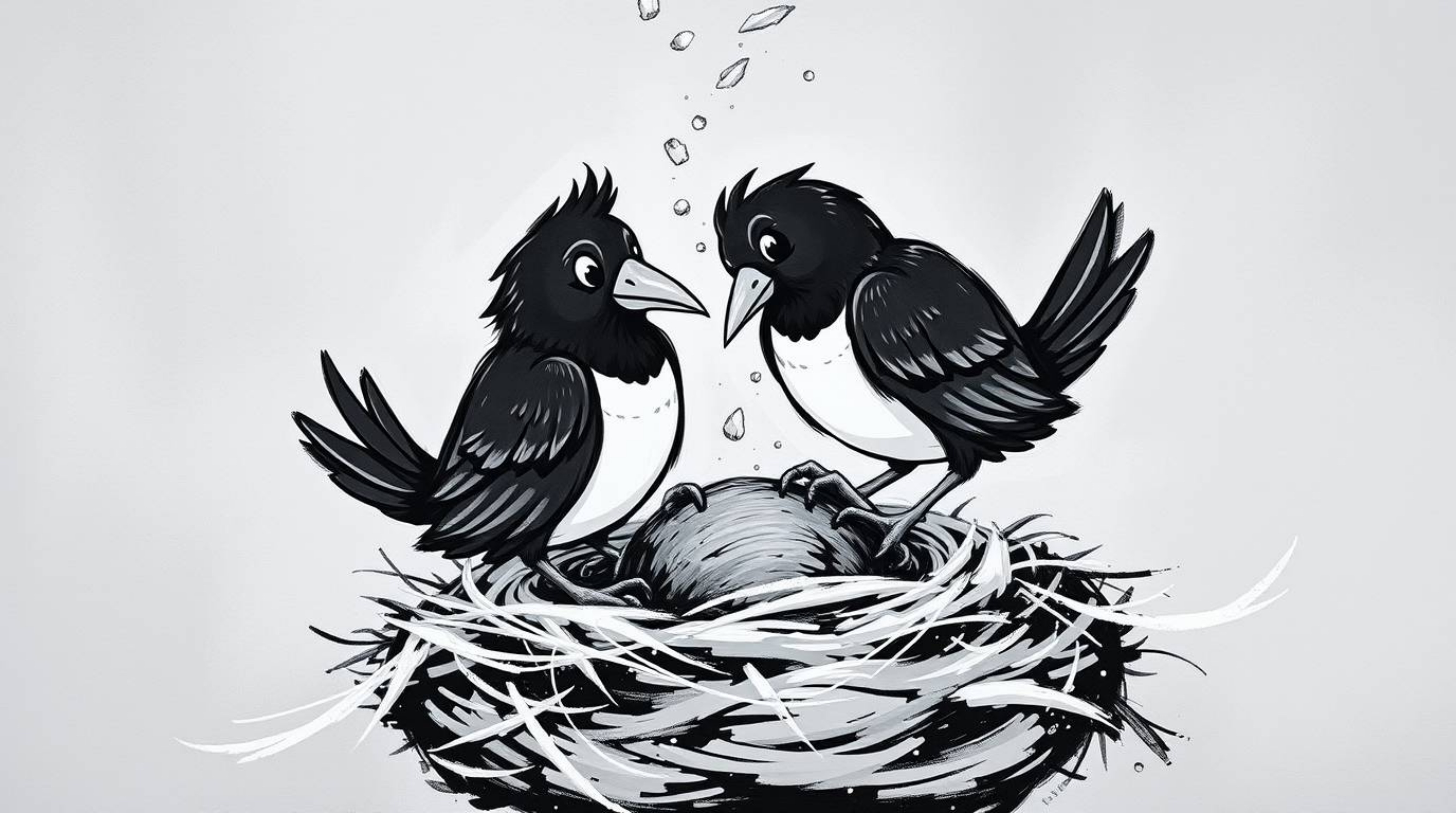 A bold acrylic painting in classic black and white depicts two cartoon birds diligently constructing a nest. Rendered in a t