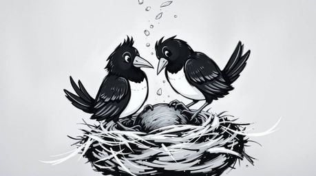 A bold acrylic painting in classic black and white depicts two cartoon birds diligently constructing a nest.  Rendered in a t