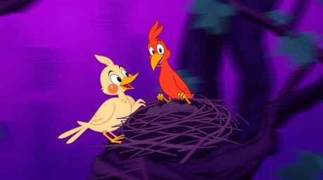 A captivating long exposure photograph showcases two cartoon birds diligently constructing a nest. Rendered in a classic ani