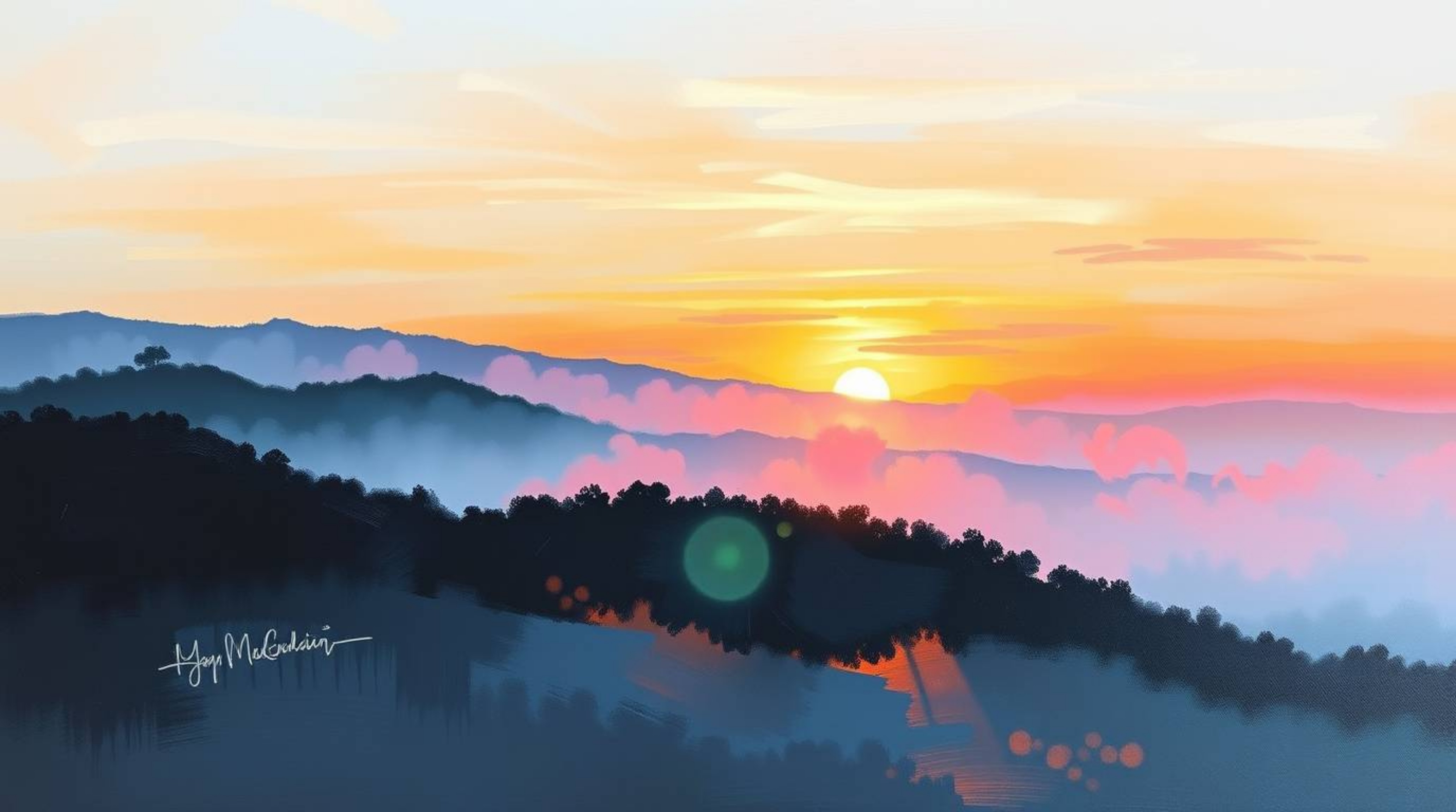 Experience the serenity of a graceful and elegant acrylic painting depicting fog-covered hills bathed in the warm glow of a s