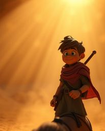 Embark on a thrilling desert adventure with a brave, Disney-style hero, illuminated by warm autumnal volumetric lighting. Vis
