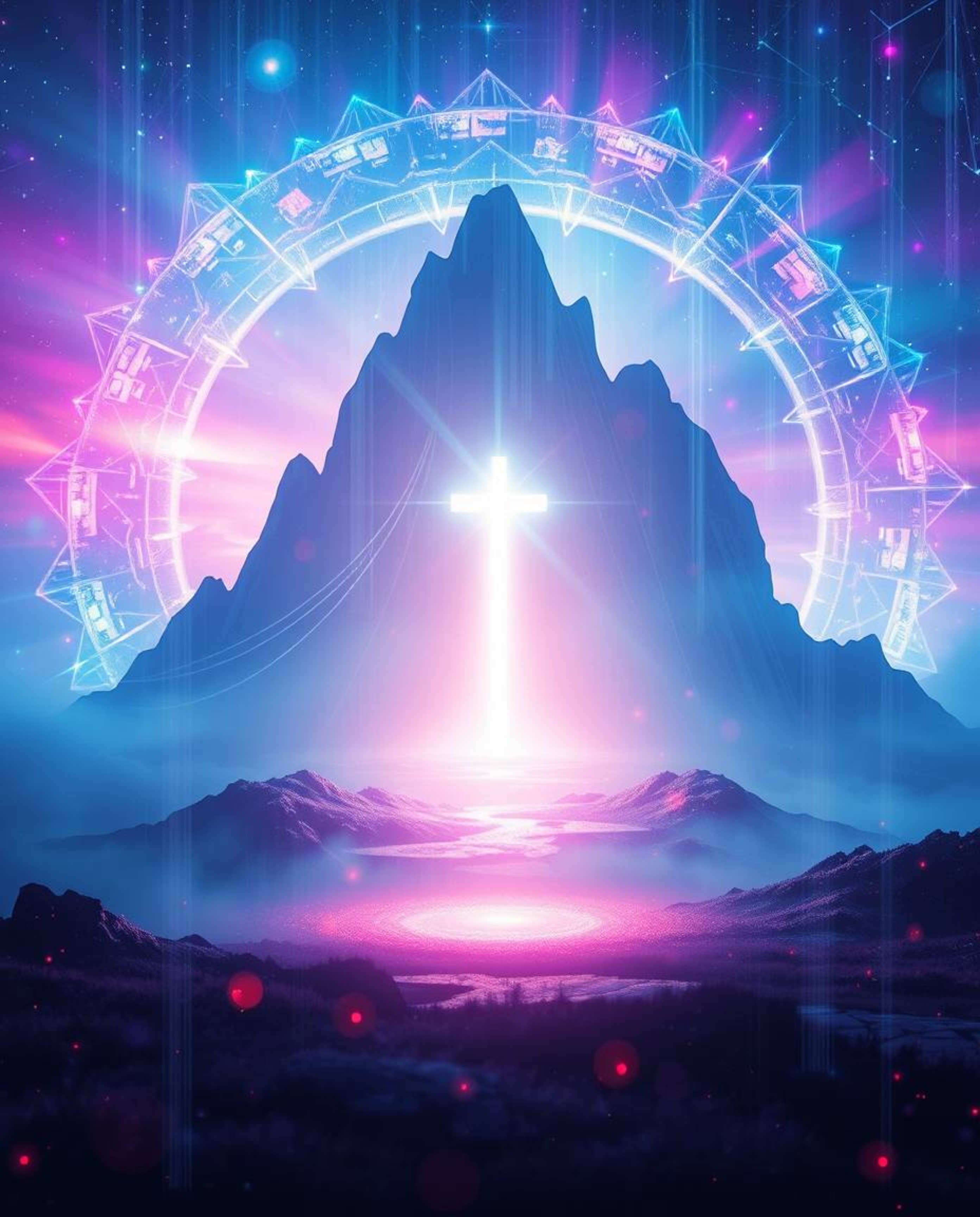 Immerse yourself in an ethereal spiritual vibe with a light aura, set against a mystical digital glitch landscape. This mesme