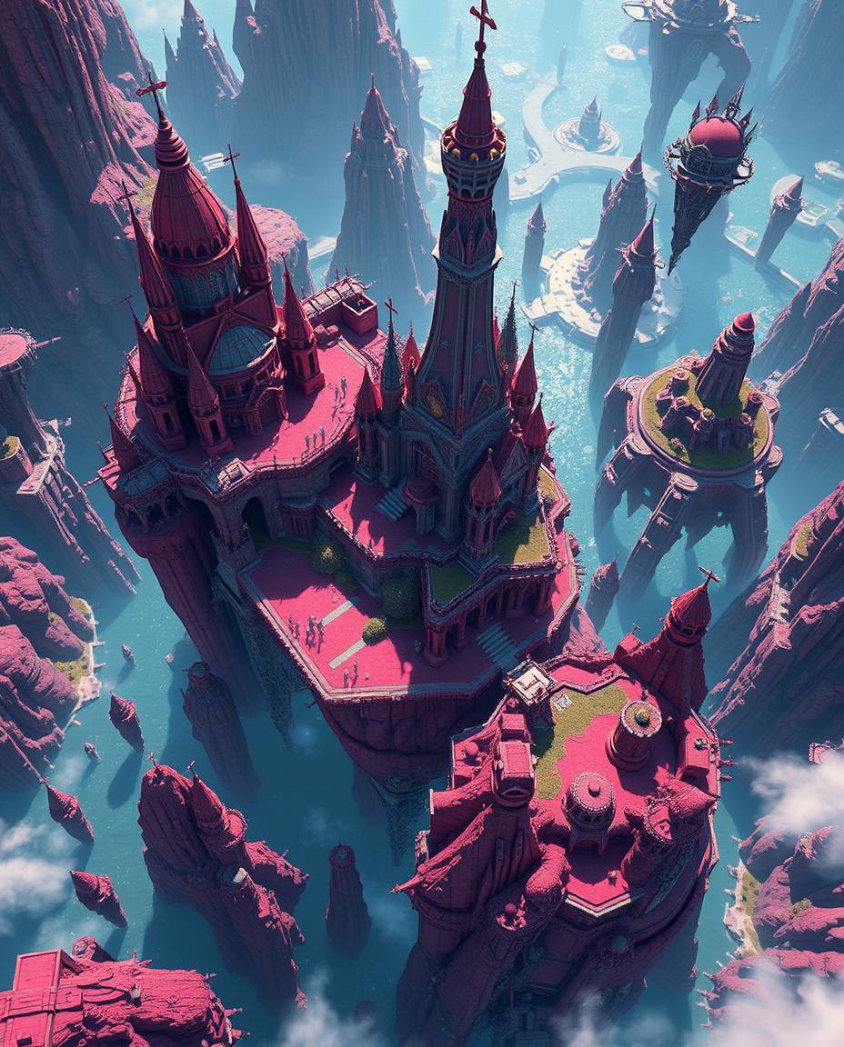 Discover a breathtaking high-angle view of a vibrant kingdom, where colorful floating islands and majestic castles soar amids