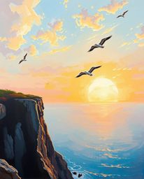 An extreme macro close-up oil painting captures a sunset over a coastal cliff, featuring small, detailed birds soaring throug
