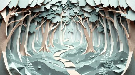 Immerse yourself in an intricate origami-style illustration depicting a thrilling chase through a looping forest. The artwork