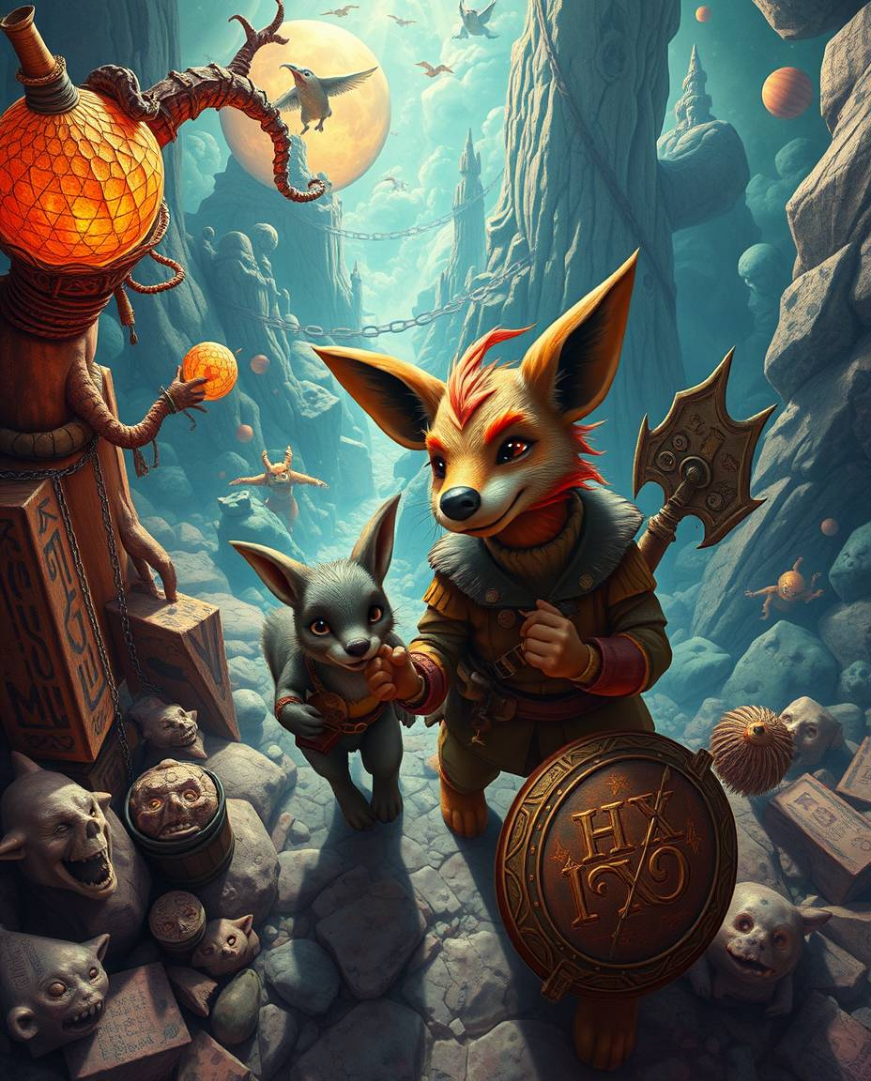 Embark on a whimsical journey with a talking animal sidekick assisting a brave hero. This surreal and dreamlike image feature