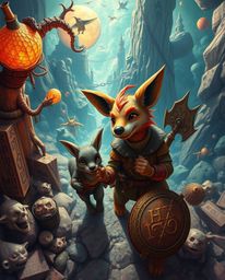 Embark on a whimsical journey with a talking animal sidekick assisting a brave hero. This surreal and dreamlike image feature