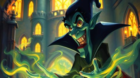 A classic Disney villain with exaggerated features casts a spell within an old, brightly lit castle. The scene is filled with