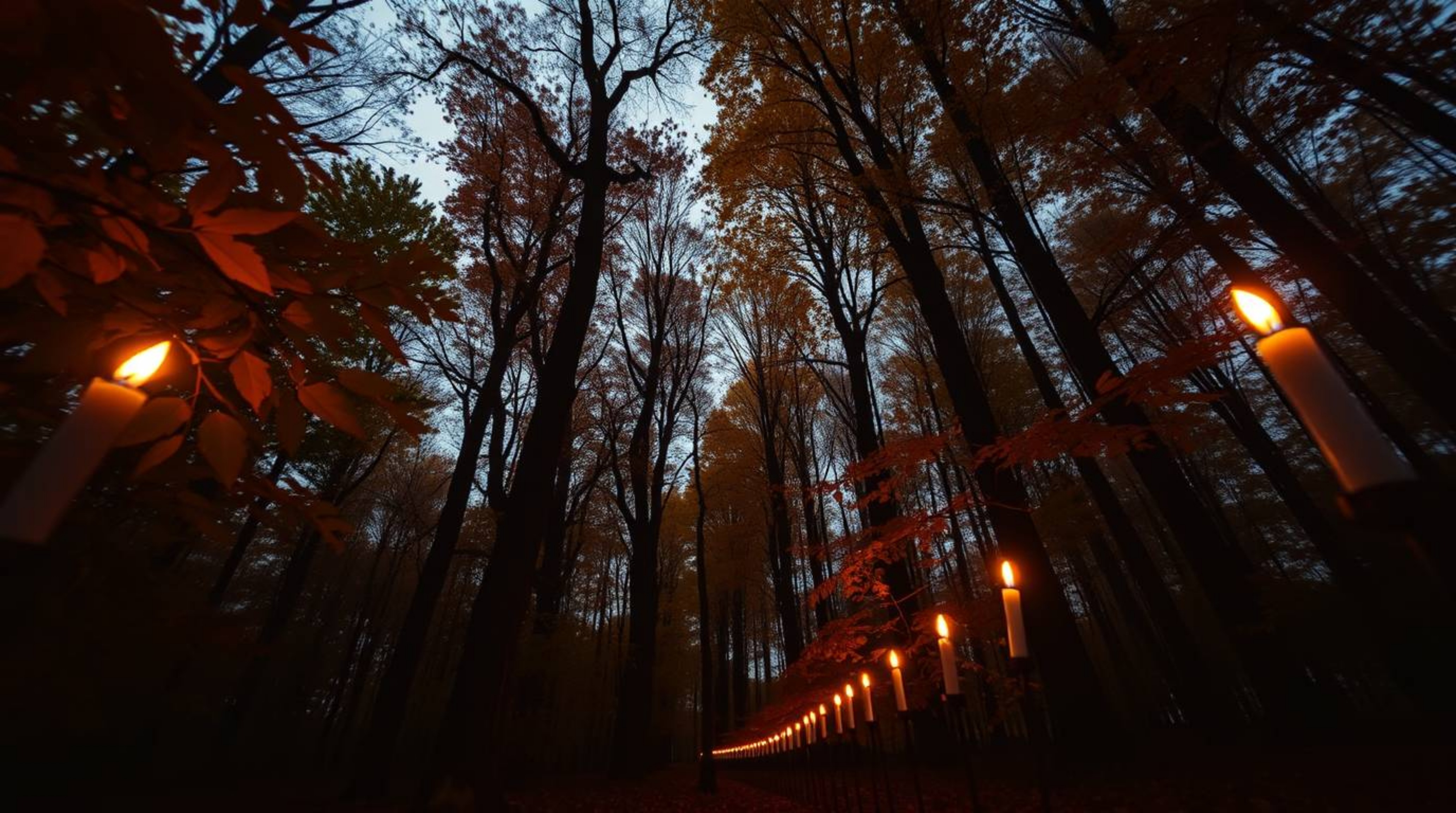 Experience the magic of an autumn forest at sunset, bathed in the warm glow of candlelight.  This low-angle perspective captu