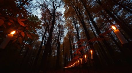 Experience the magic of an autumn forest at sunset, bathed in the warm glow of candlelight.  This low-angle perspective captu