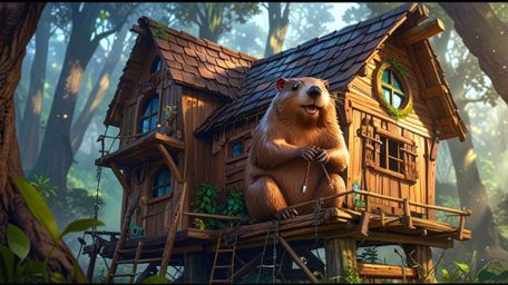 In a whimsical scene that blends the styles of Pixar and anime, a beaver is depicted with the perfect treehouse it has built 