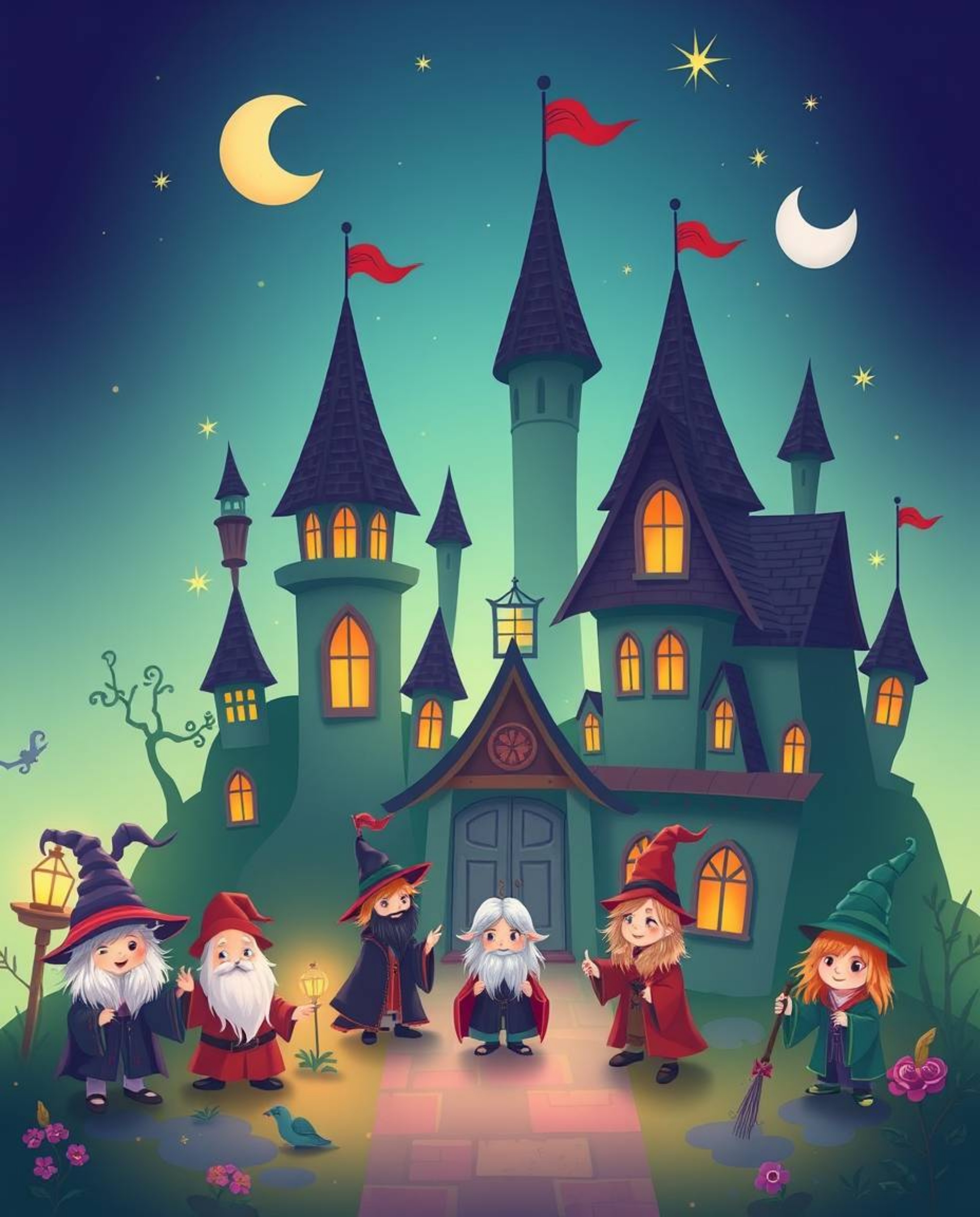 Discover an adorable magical school brimming with young wizards! This charming illustration features smooth gradient transit
