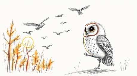 A heartwarming hand-drawn sketch in the style of Pixar, depicting a gentle blind owl with soft feathers guiding a flock of bi