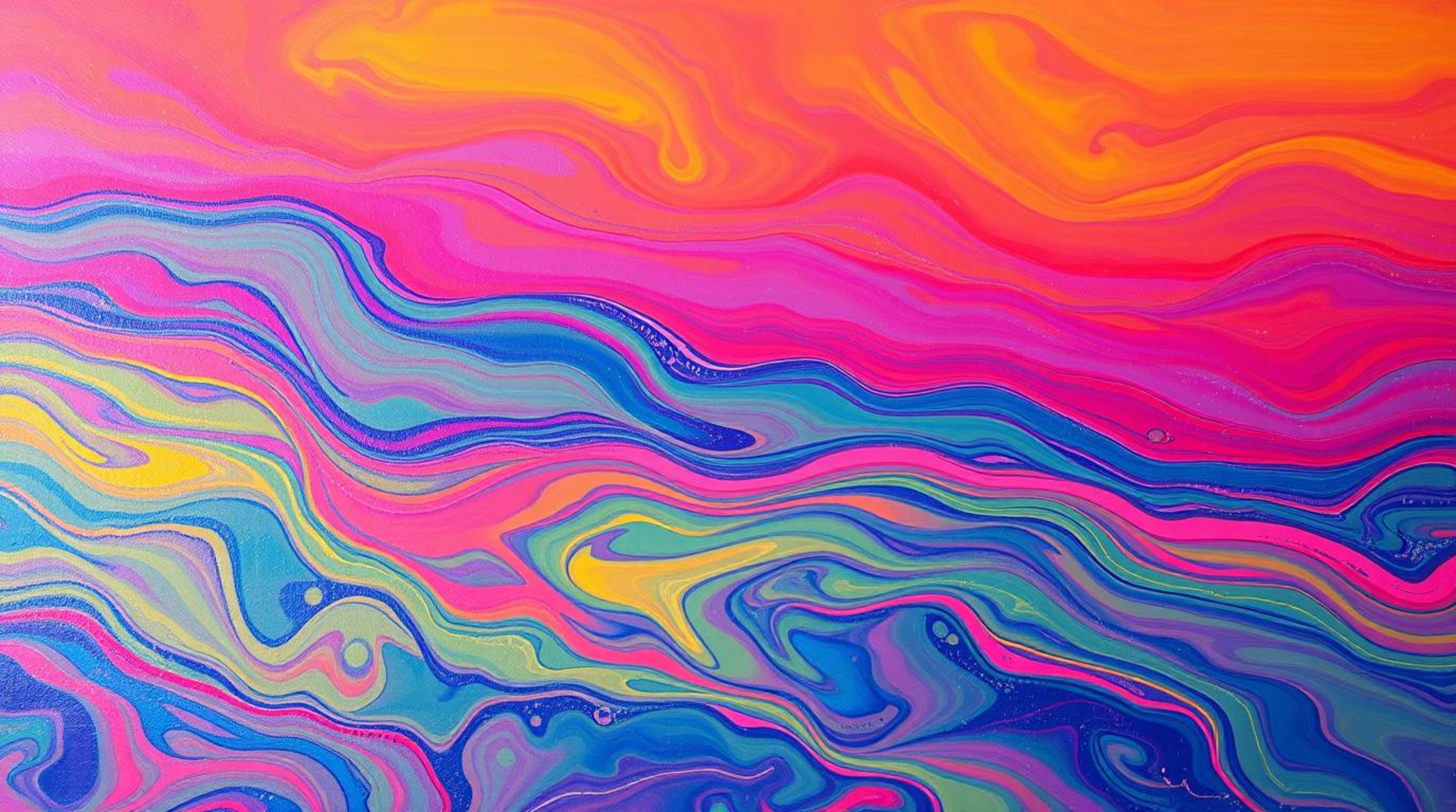 A bold acrylic painting showcases vibrant neon gradient textures flowing across a liquid surface. Rendered with direct, hars