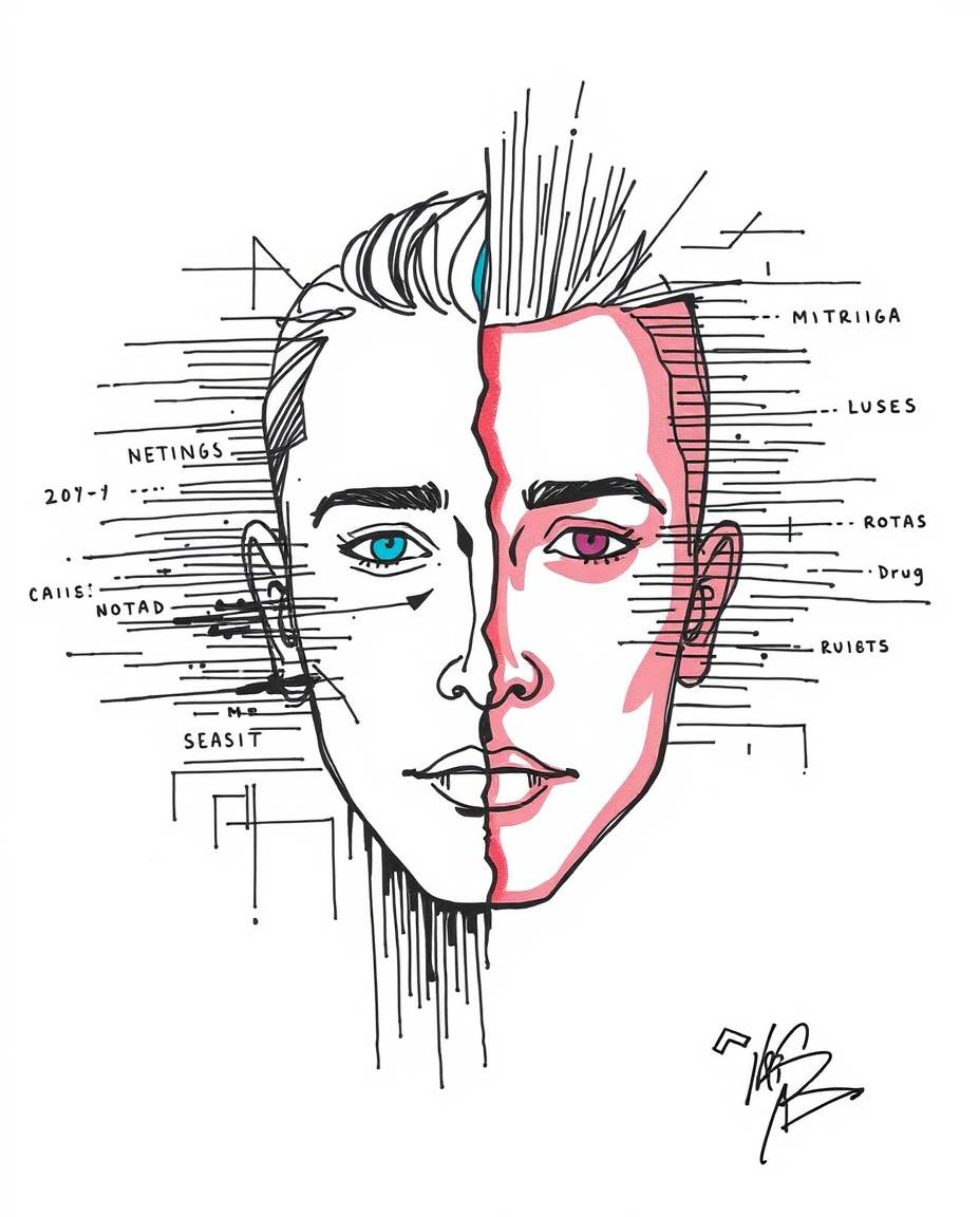 Explore a distinct split hand-drawn sketch depicting a human face undergoing a mesmerizing digital glitch transformation into