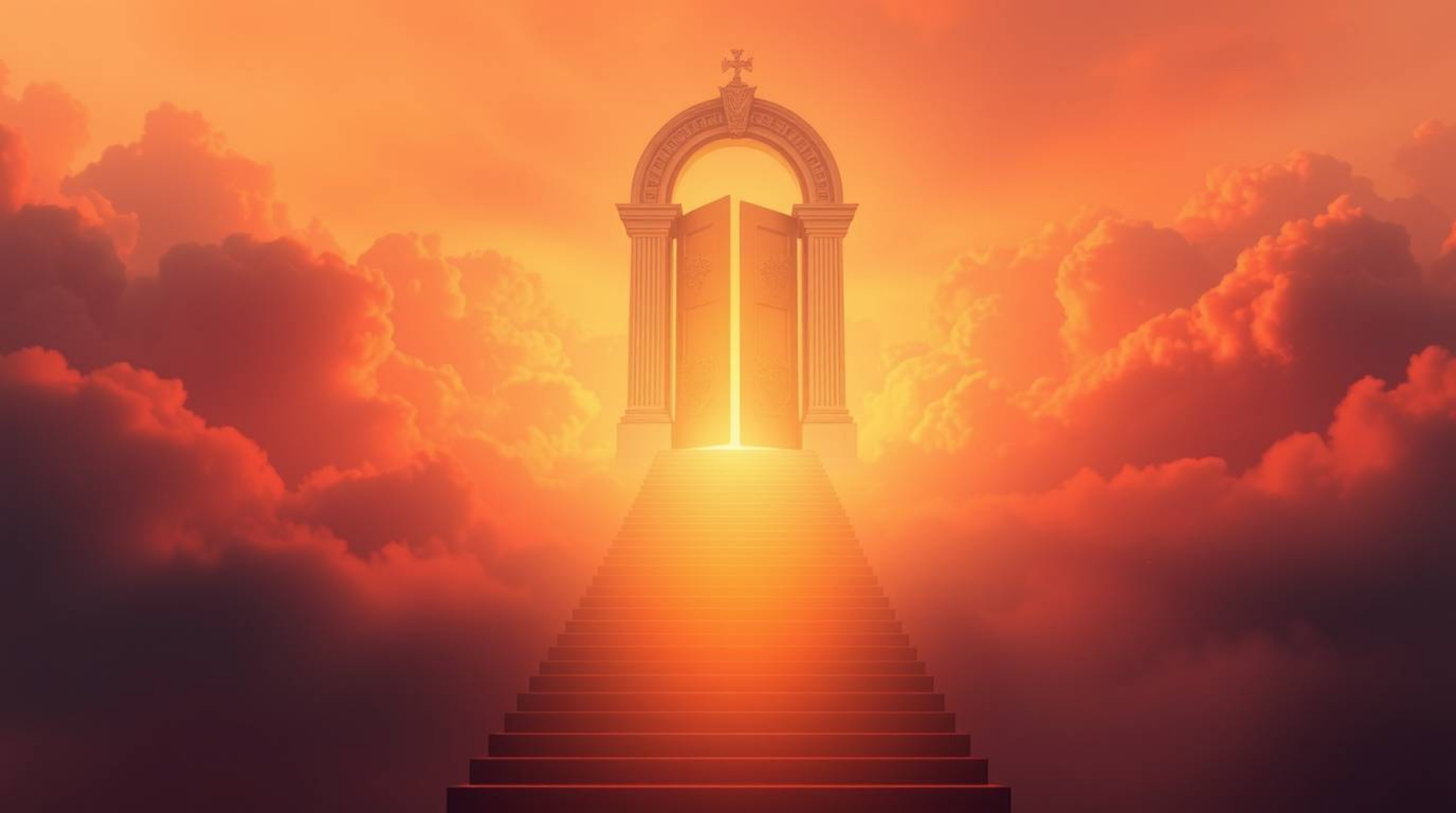 A captivating image depicting a heavenly gate floating above soft, dreamy clouds.  Stairs ascend towards the gate, bathed in 