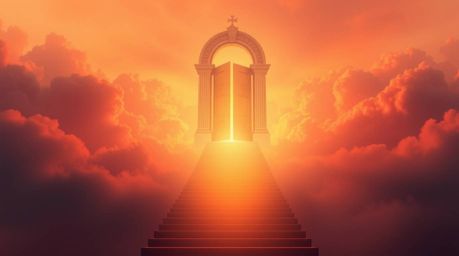 A captivating image depicting a heavenly gate floating above soft, dreamy clouds.  Stairs ascend towards the gate, bathed in 