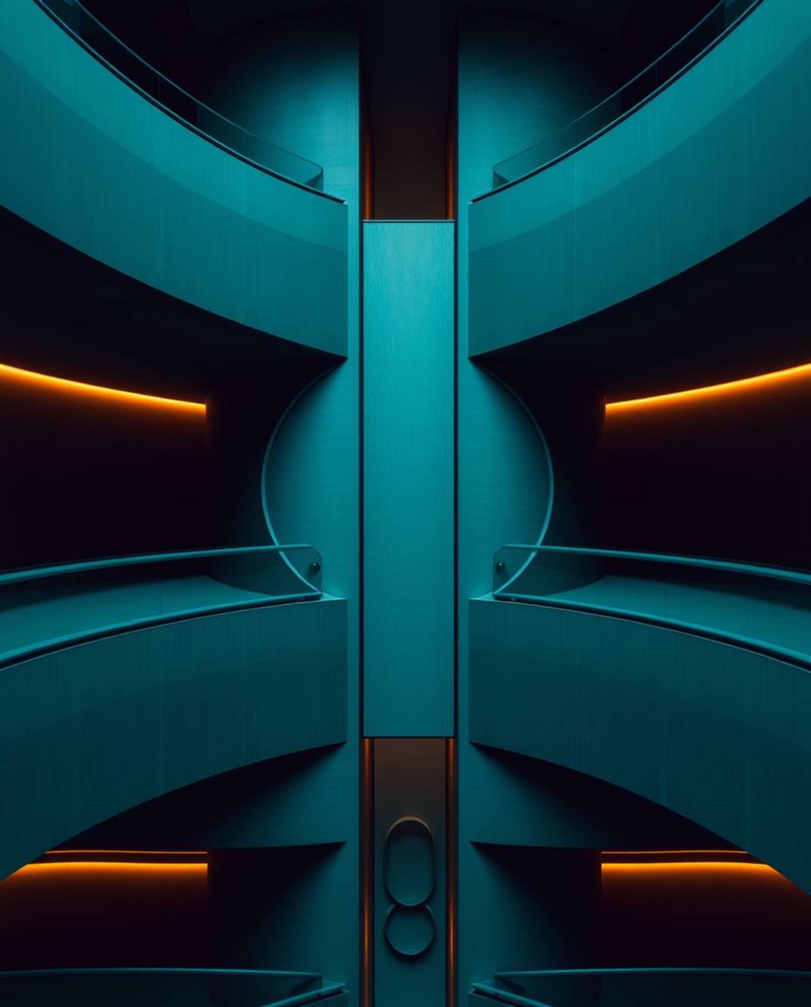A rich, deep teal architectural photograph showcases a minimalist geometric pattern composed of circles and lines in the Bauh