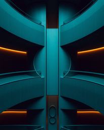 A rich, deep teal architectural photograph showcases a minimalist geometric pattern composed of circles and lines in the Bauh