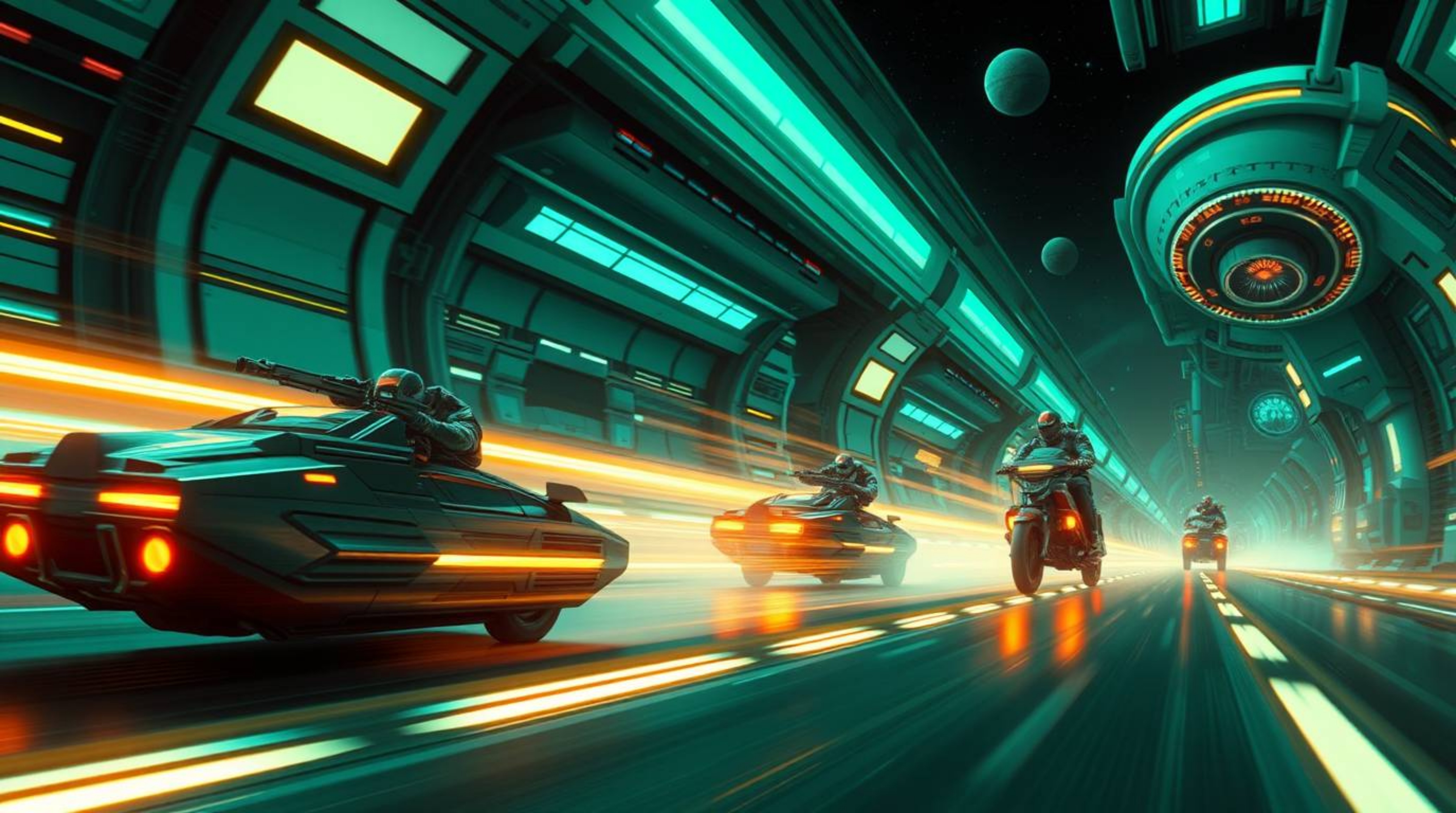 Immerse yourself in a futuristic sci-fi chase scene brought to life with rich, deep teal hues and exaggerated squash and stre