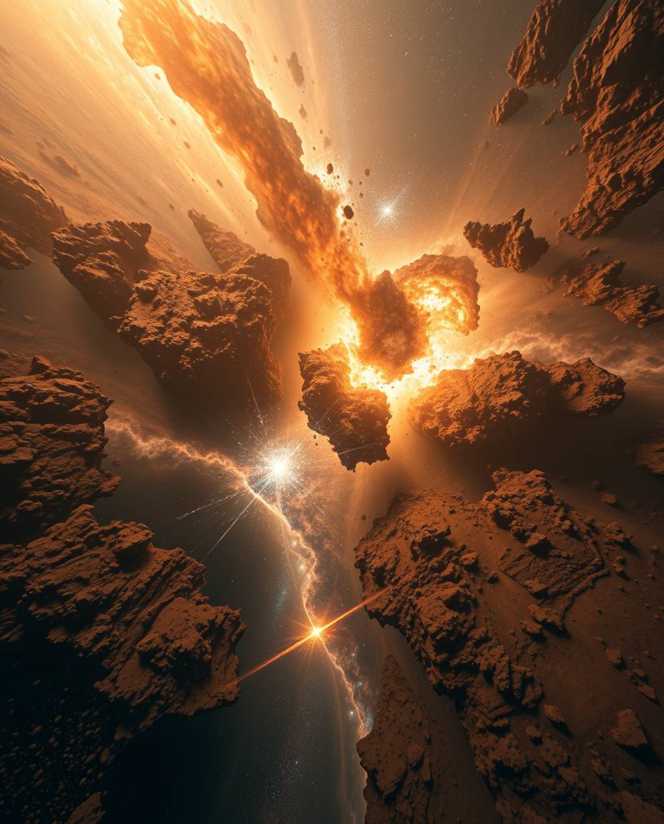 Experience the breathtaking spectacle of colliding galaxies in a cosmic explosion of light and color. This high-angle perspec