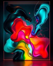 Explore a creative light art piece showcasing rich deep teal hues and colorful 3D fluid shapes playfully interacting with geo